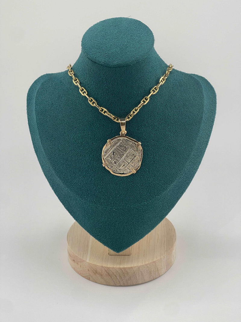 NUESTRA SENORA DE ATOCHA SOLID SILVER COIN PENDANT IN 14KT SOLID GOLD BEZEL