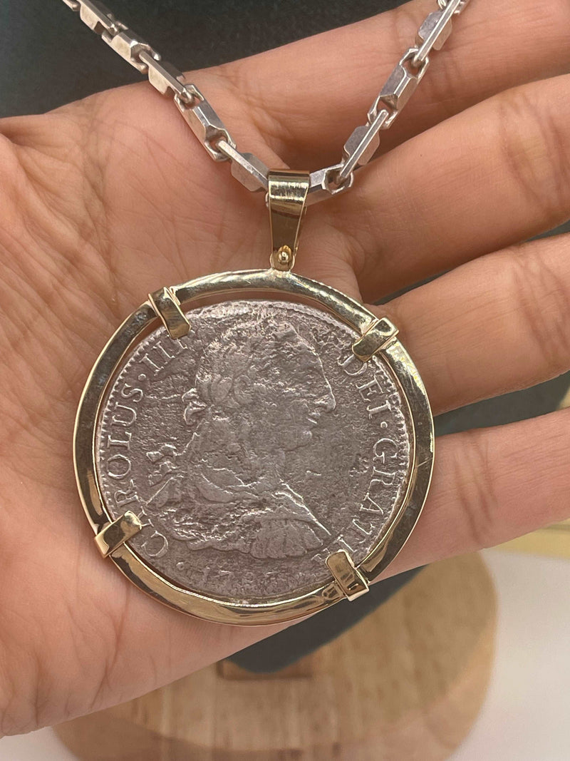 ACTUAL GRADE 1 EL CAZADOR COIN PENDANT IN 10K SOLID REAL GOLD BEZEL