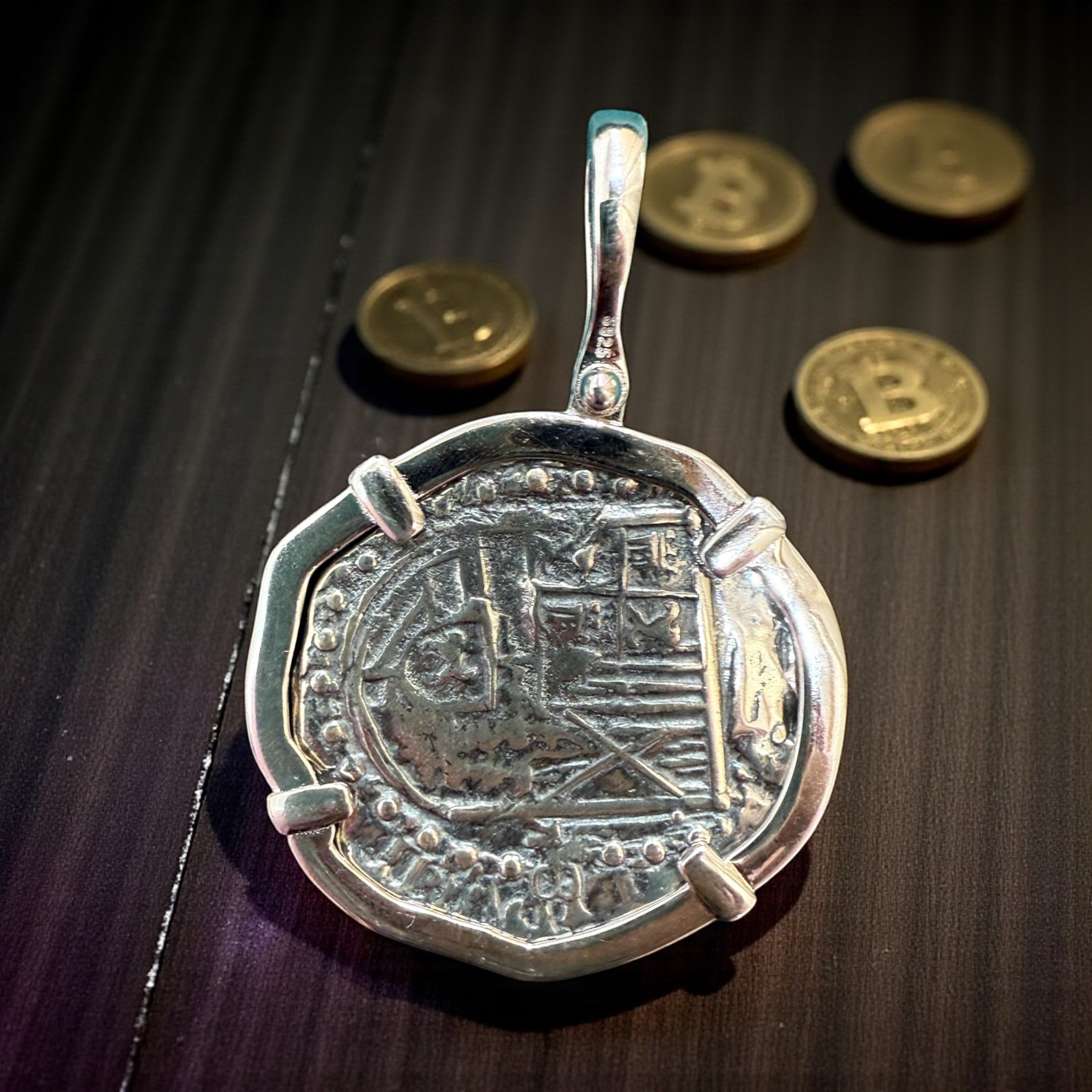Atocha large size silver coin pendant in polished finish with bale 10mm size