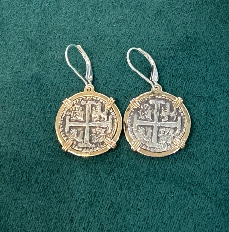 HANDMADE ATOCHA SILVER COIN EARRINGS IN 14k GOLD BEZEL