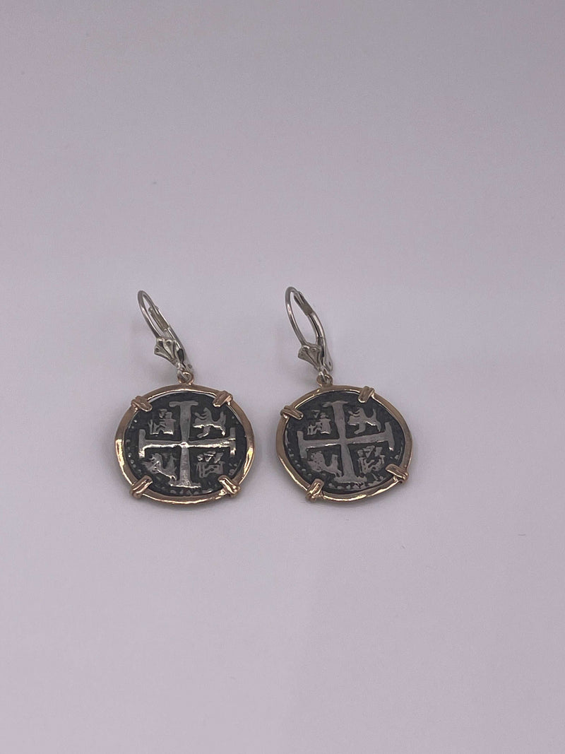 NUESTRA SENORA DE ATOCHA SILVER COIN EARRINGS IN 14k GOLD BEZEL