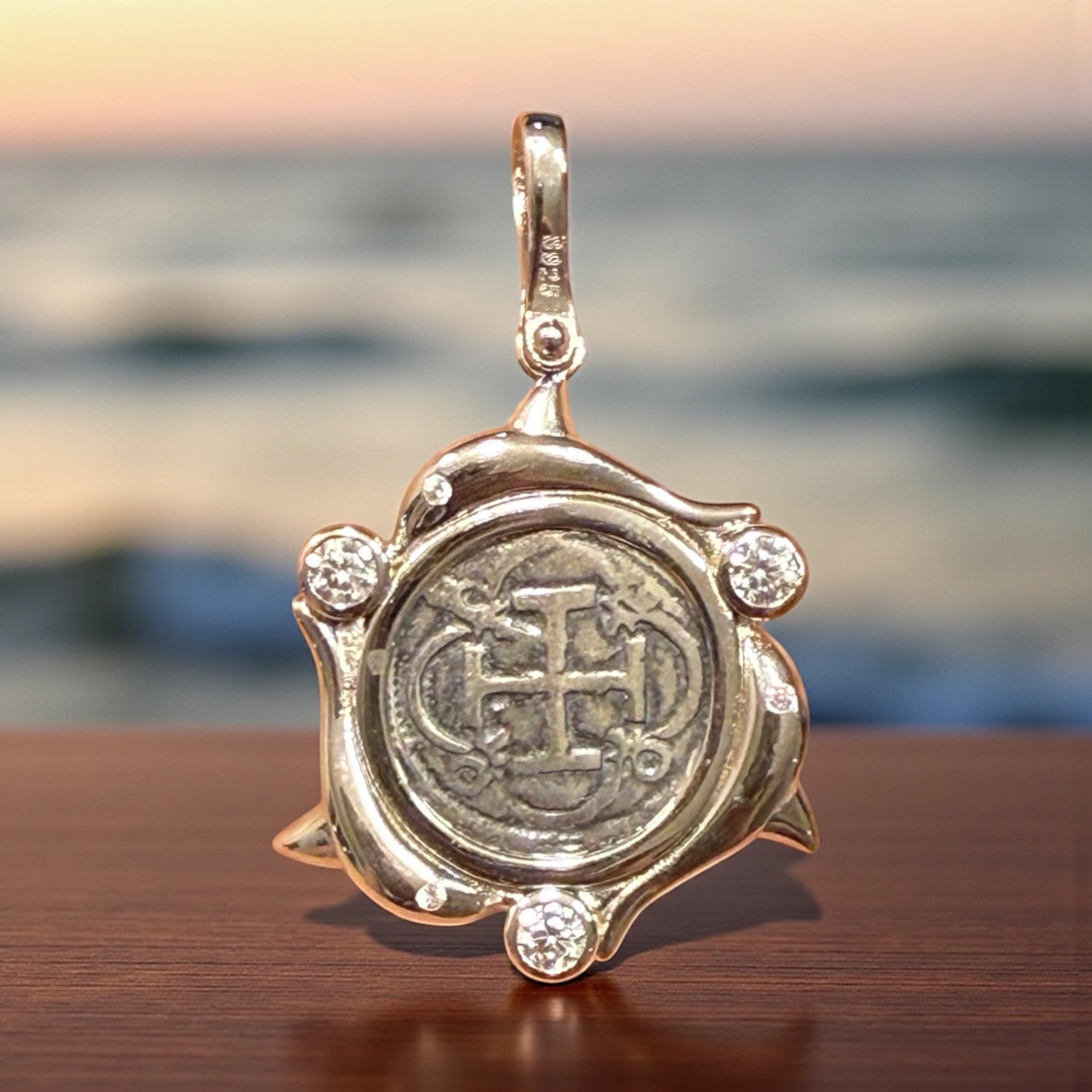 Atocha Shipwreck mini coin pendant in beautiful dolphins and crystals 21mm