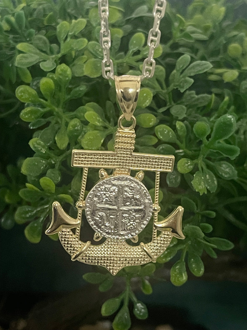 NUESTRA SENORA DE ATOCHA MINI SILVER COIN PENDANT IN 10K REAL GOLD ANCHOR