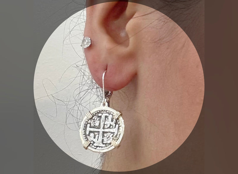 HANDMADE ATOCHA SILVER COIN EARRINGS IN 14k GOLD BEZEL