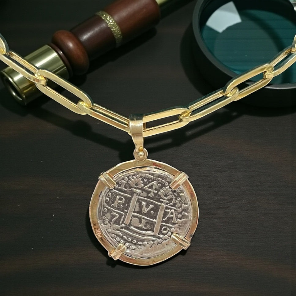 ATOCHA SILVER COIN PENDANT IN 14KT SOLID REAL GOLD BEZEL