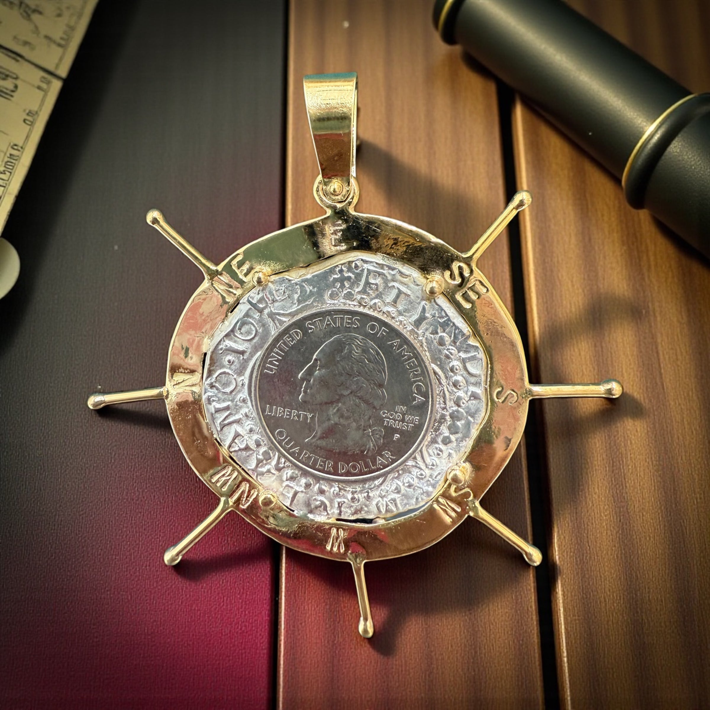 ATOCHA LARGE SILVER COIN PENDANT IN 10KT REAL GOLD SHIP’s WHEEL SETTING