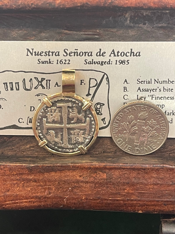 ATOCHA SILVER COIN PENDANT IN 14K REAL SOLID GOLD BEZEL HANDMADE FROM ATOCHA SILVER