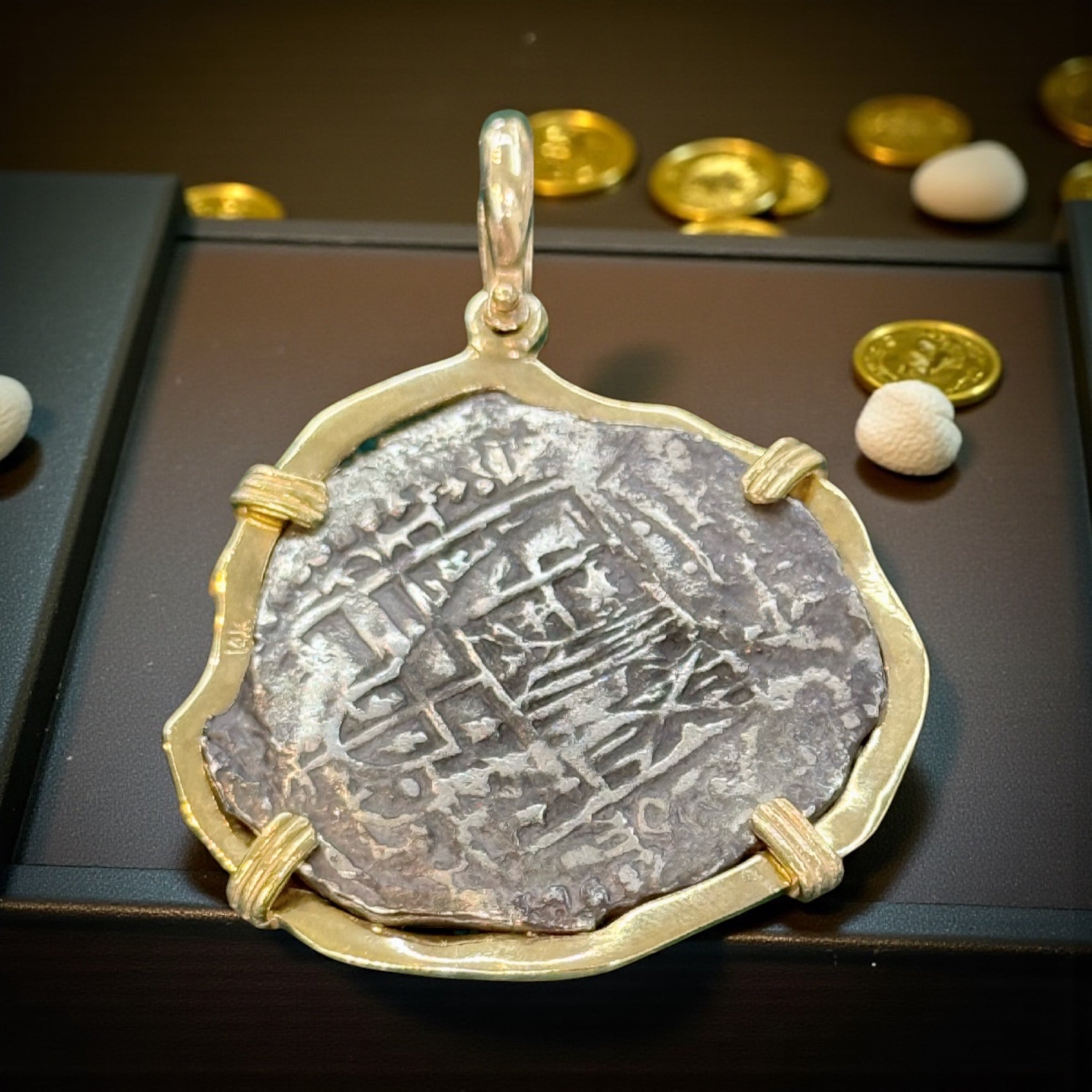 ATOCHA SILVER COIN PENDANT IN 14K REAL SOLID GOLD BEZEL 8 REALE SIZE HANDMADE FROM ATOCHA SILVER