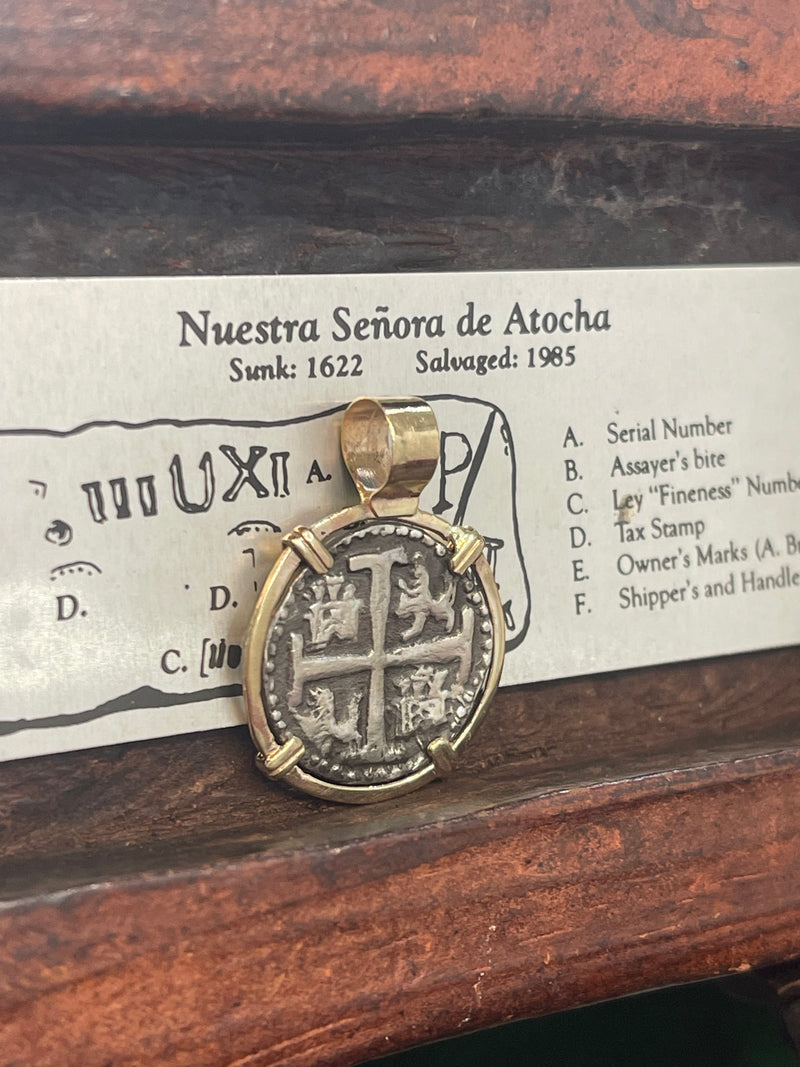 ATOCHA SILVER COIN PENDANT IN 14K REAL SOLID GOLD BEZEL HANDMADE FROM ATOCHA SILVER