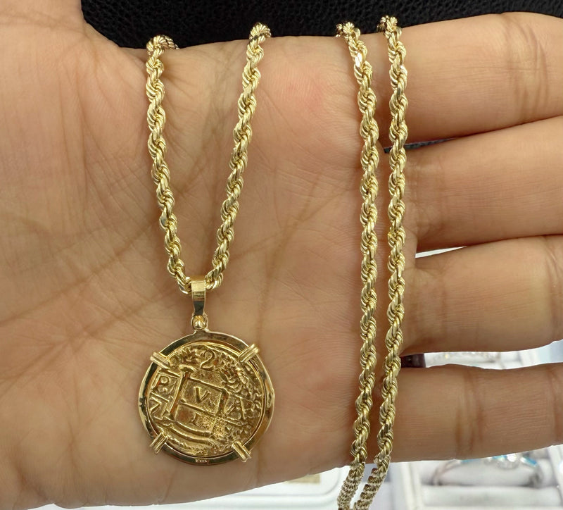14k solid real gold atocha coin pendant with 14k solid real gold rope chain