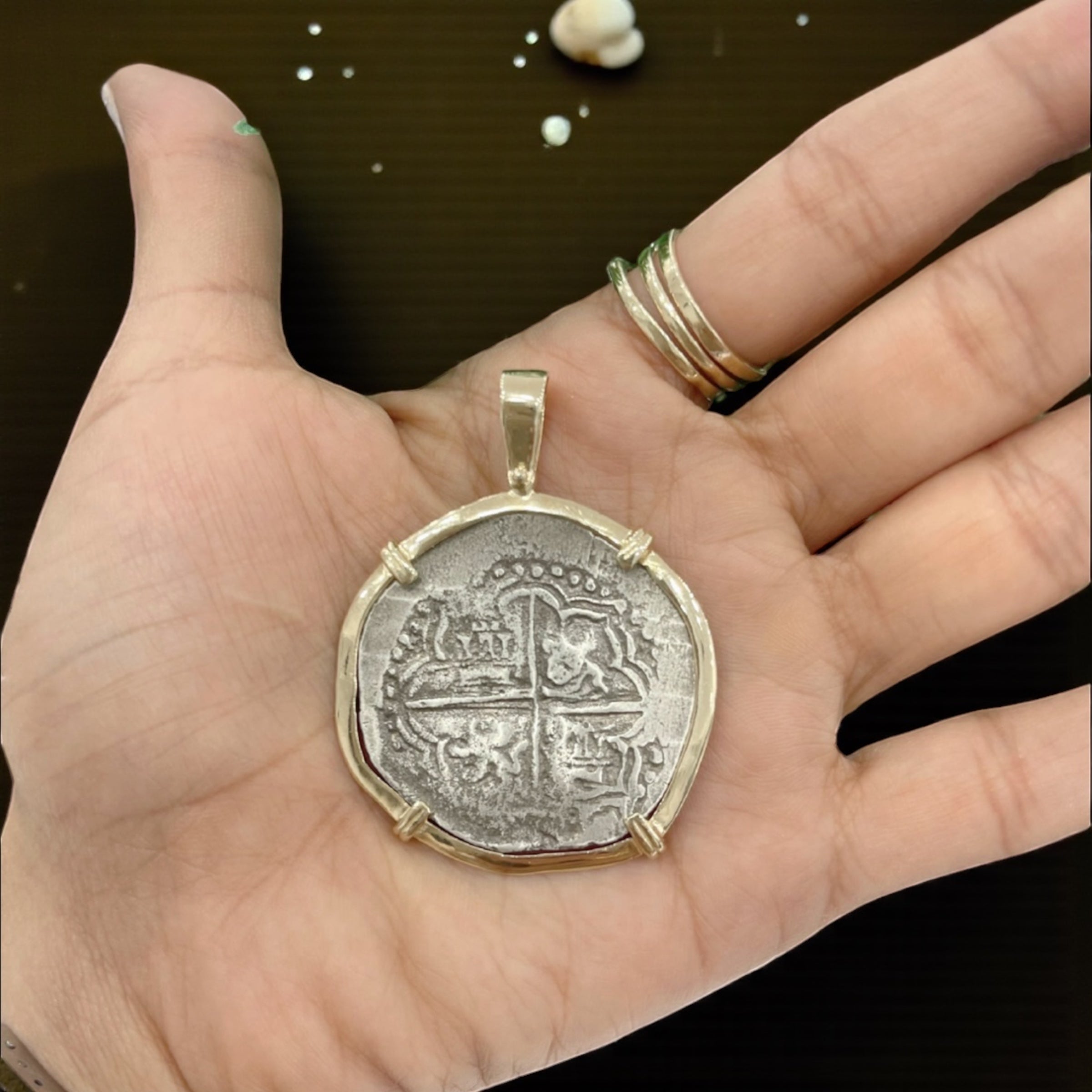 NUESTRA SENORA DE ATOCHA SILVER COIN PENDANT IN 14K REAL SOLID GOLD BEZEL 8 REALE SIZE HANDMADE FROM ATOCHA SILVER