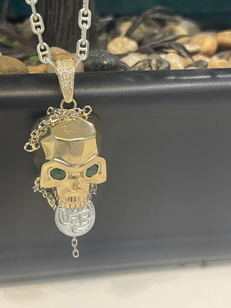 NUESTRA SENORA DE ATOCHA MINI SILVER COIN PENDANT IN 10K REAL GOLD SKULL WITH GREEN CRYSTAL EYES