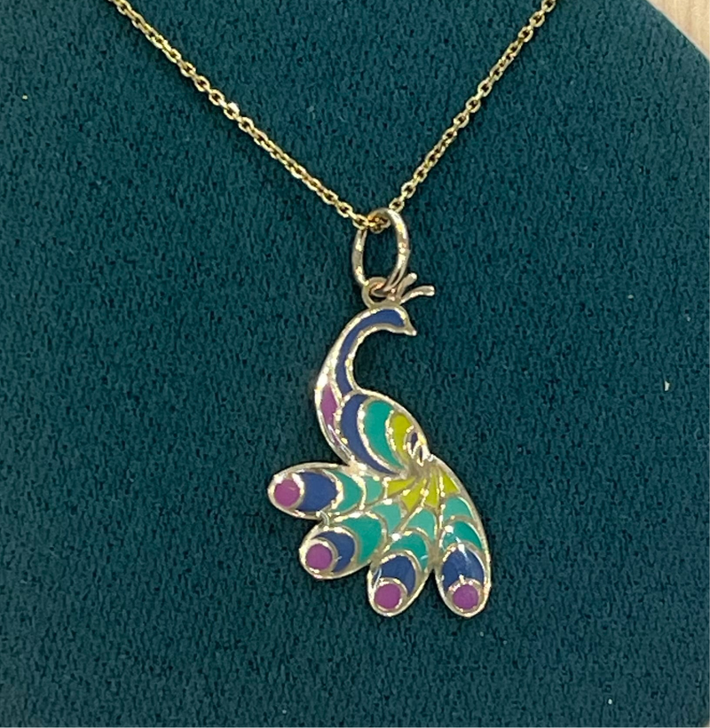 COLORFULL PEACOCK 🦚 PENDANT IN 14K GOLD WITH 14K GOLD CHAIN