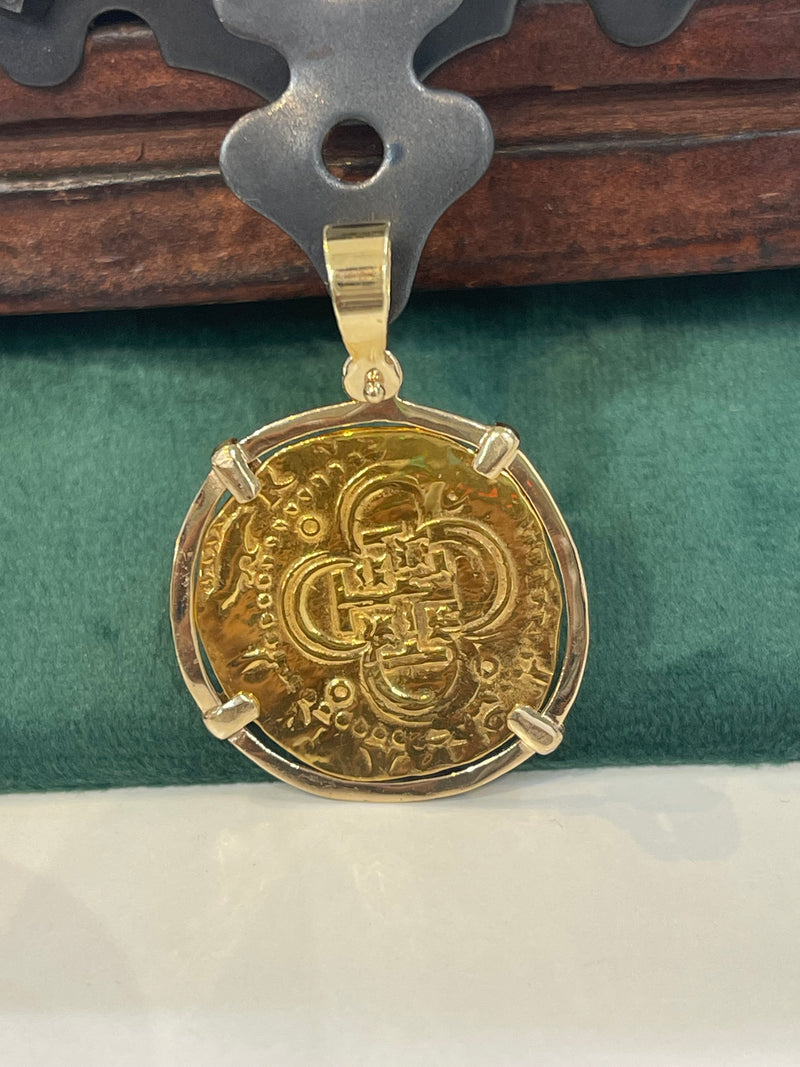 MUSEUM QUALITY RECREATION OF ATOCHA SHIPWRECK GOLD COIN PENDANT HANDMADE WITH 14k REAL GOLD