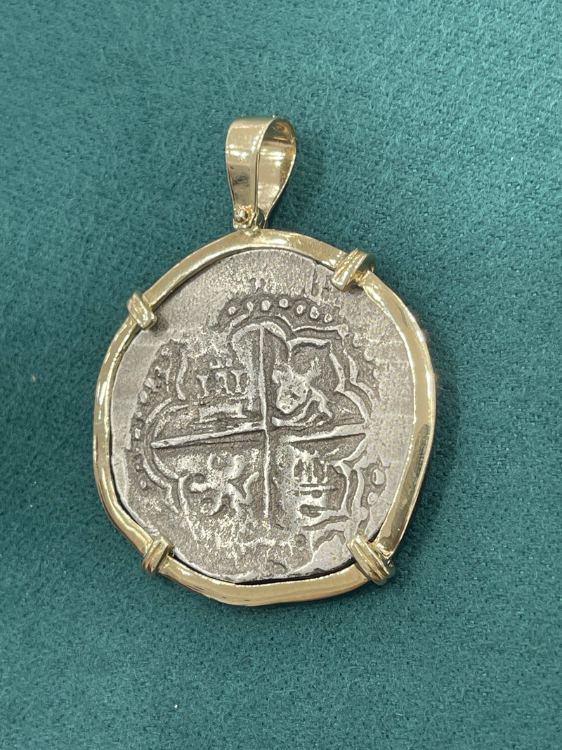 NUESTRA SENORA DE ATOCHA SILVER COIN PENDANT IN 14K REAL SOLID GOLD BEZEL 8 REALE SIZE HANDMADE FROM ATOCHA SILVER