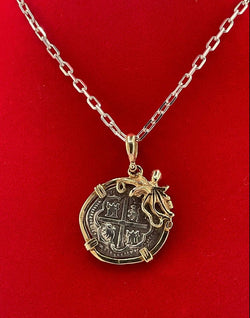 NUESTRA SENORA DE ATOCHA SILVER COIN PENDANT IN 14KT SOLID GOLD OCTOPUS BEZEL