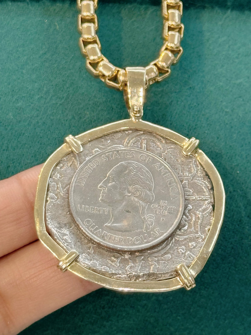 NUESTRA SENORA DE ATOCHA SILVER COIN PENDANT IN 14K REAL SOLID GOLD BEZEL 8 REALE SIZE HANDMADE FROM ATOCHA SILVER