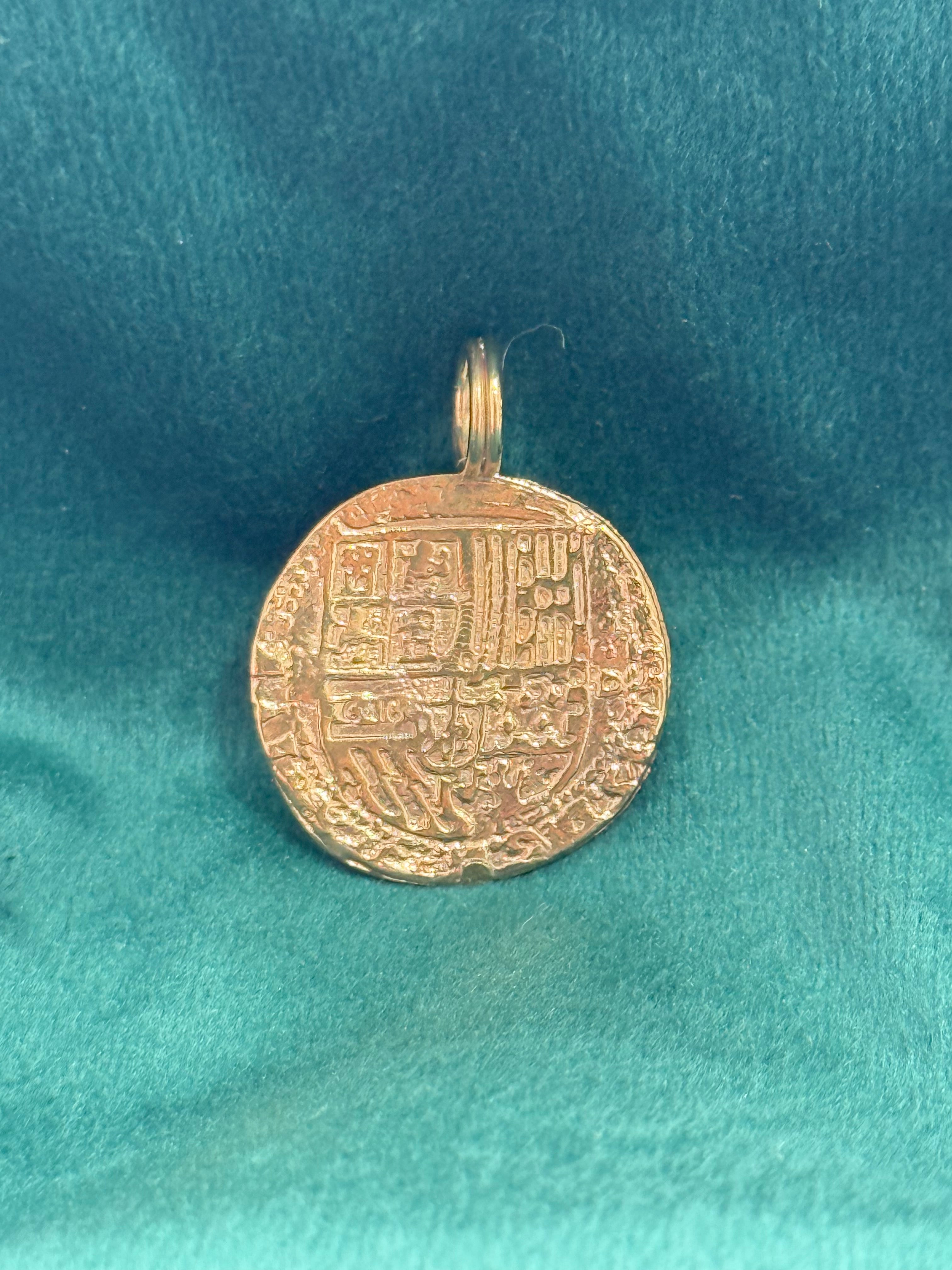 MUSEUM QUALITY RECREATION OF ATOCHA SHIPWRECK GOLD COIN PENDANT HANDMADE WITH 14K REAL GOLD