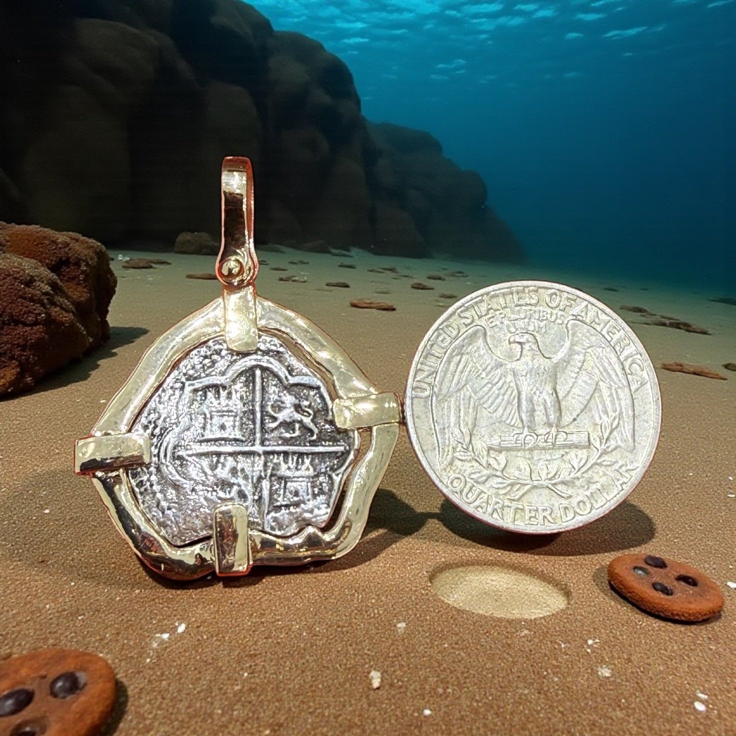 UNIQUE SHAPE ATOCHA SILVER SOLID COIN PENDANT IN 14K SOLID GOLD BEZEL