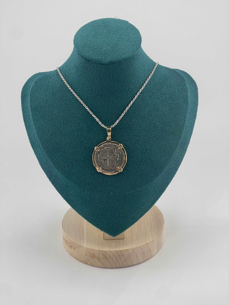 NUESTRA SENORA DE ATOCHA SILVER COIN PENDANT IN 14KT SOLID GOLD BEZEL