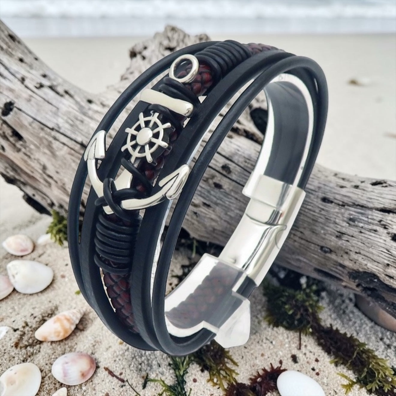 Stainless Steel Magnetic Clasp Leather Bracelet Woven Bangle Nautical Compass Anchor Braided Multi-layer Men's Bracelet