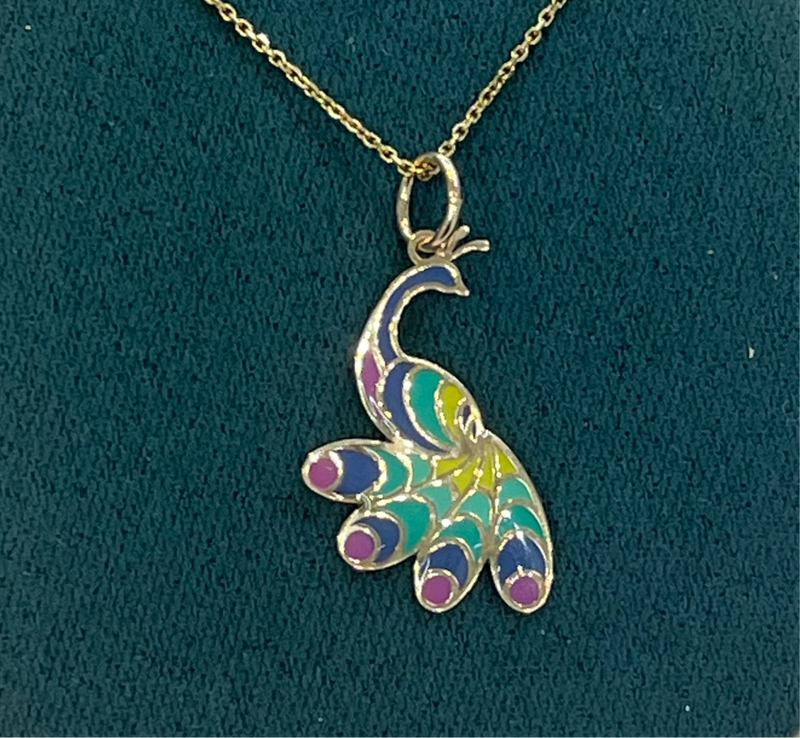 COLORFULL PEACOCK 🦚 PENDANT IN 14K GOLD WITH 14K GOLD CHAIN