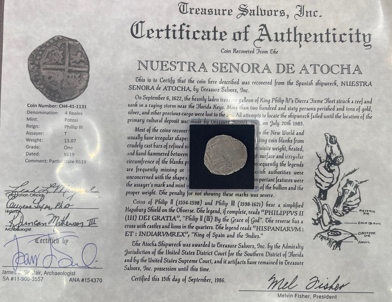 ACTUAL COIN NUESTRA SENORA DE ATOCHA SILVER COIN 4 REALES GRADE 1 PARTIAL DATED X619 COIN