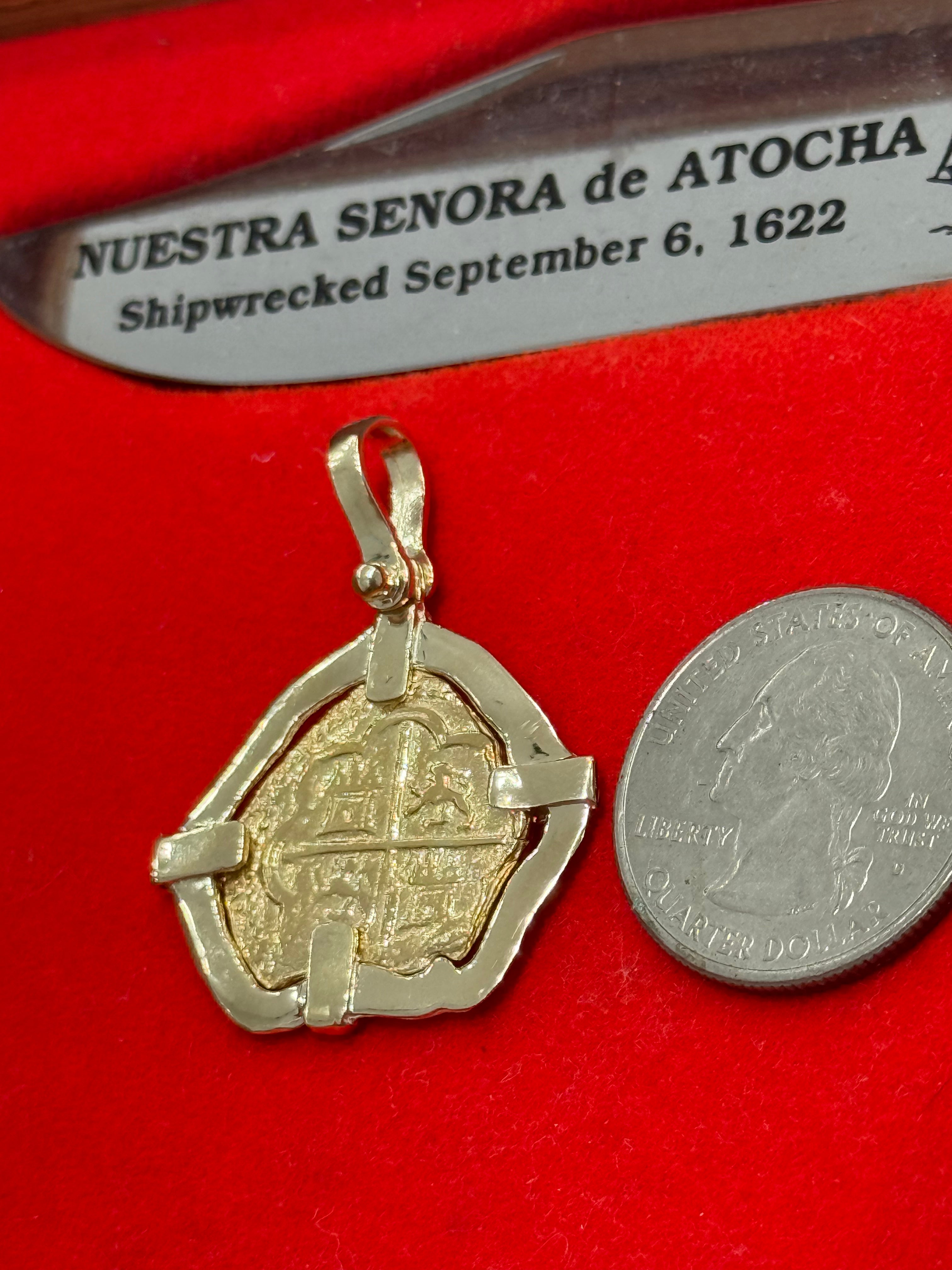 MUSEUM QUALITY RECREATION OF ATOCHA SHIPWRECK GOLD COIN PENDANT HANDMADE WITH 14K REAL GOLD
