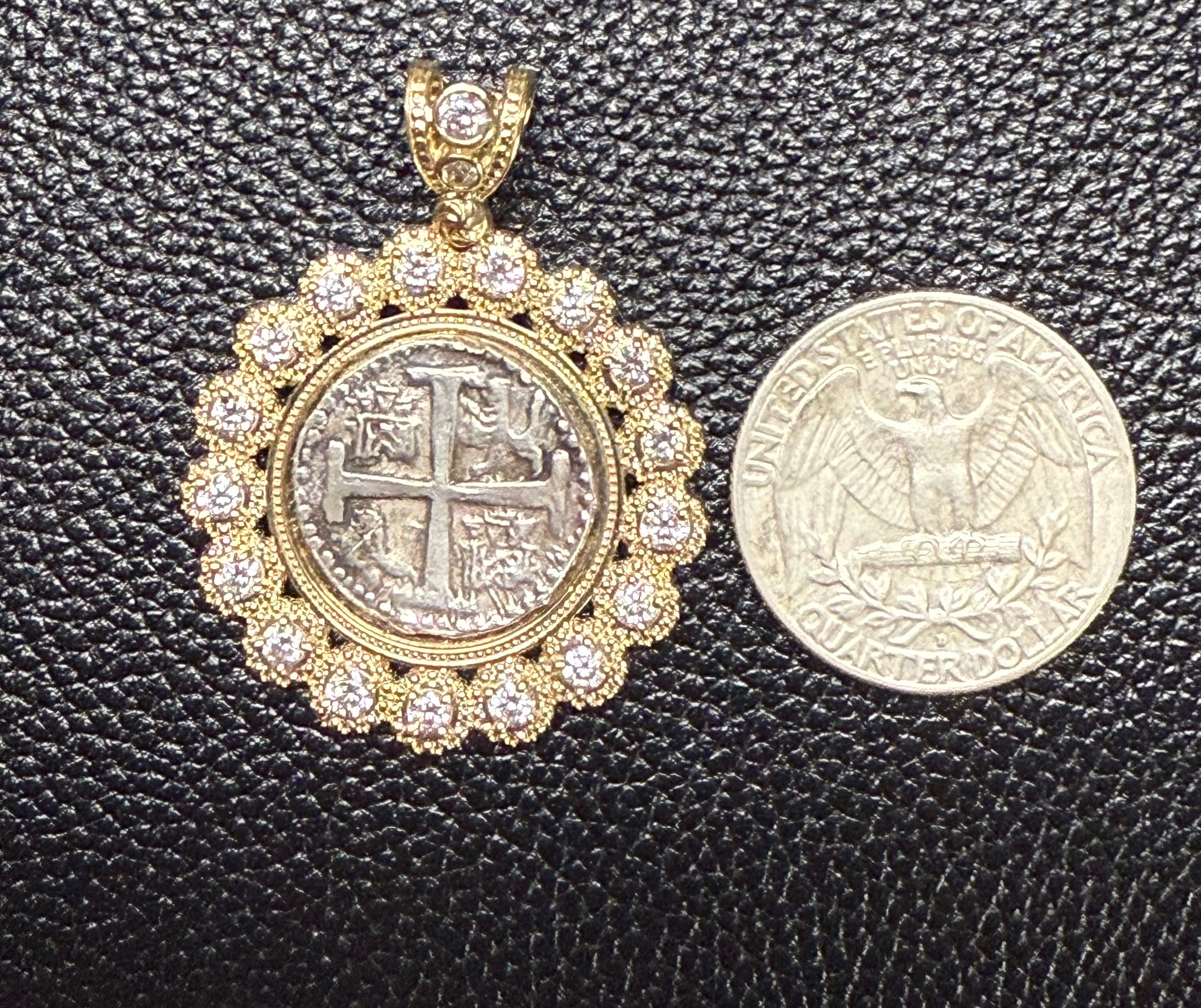 ATOCHA SILVER COIN PENDANT IN 10KT REAL GOLD SETTING WITH GORGEOUS WHITE CRYSTALS