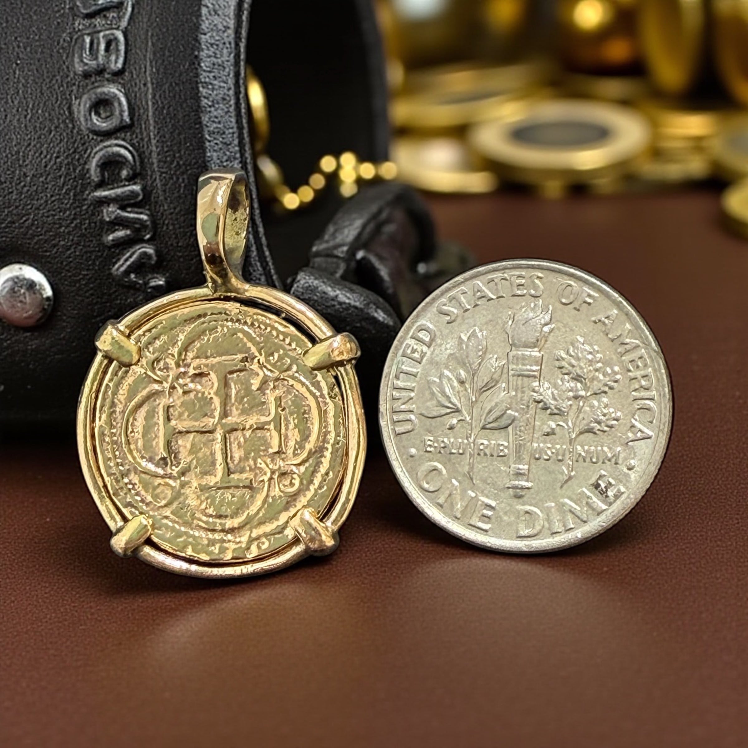 14k solid gold shipwreck coin pendant dime size