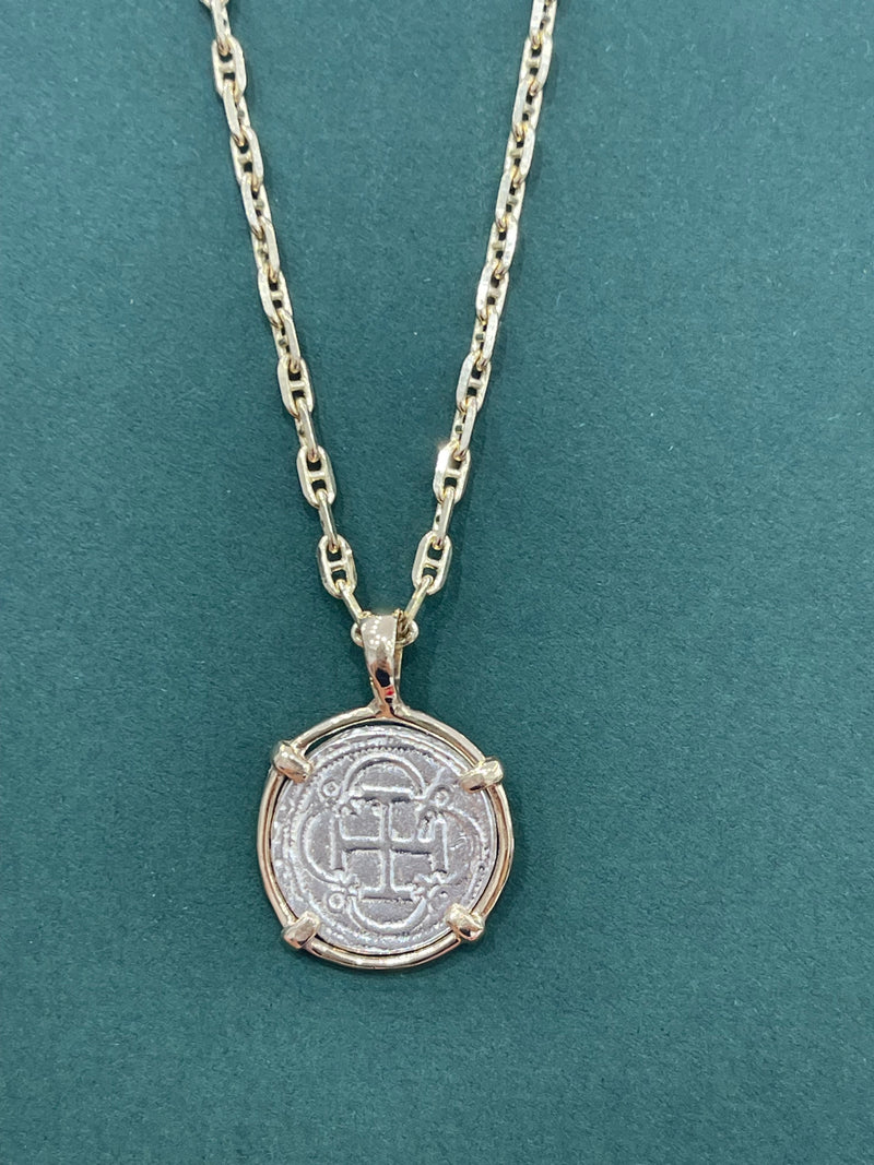 NUESTRA SENORA DE ATOCHA  SILVER DIME SIZE COIN PENDANT MADE FROM ATOCHA SILVER IN 14KT SOLID GOLD BEZEL