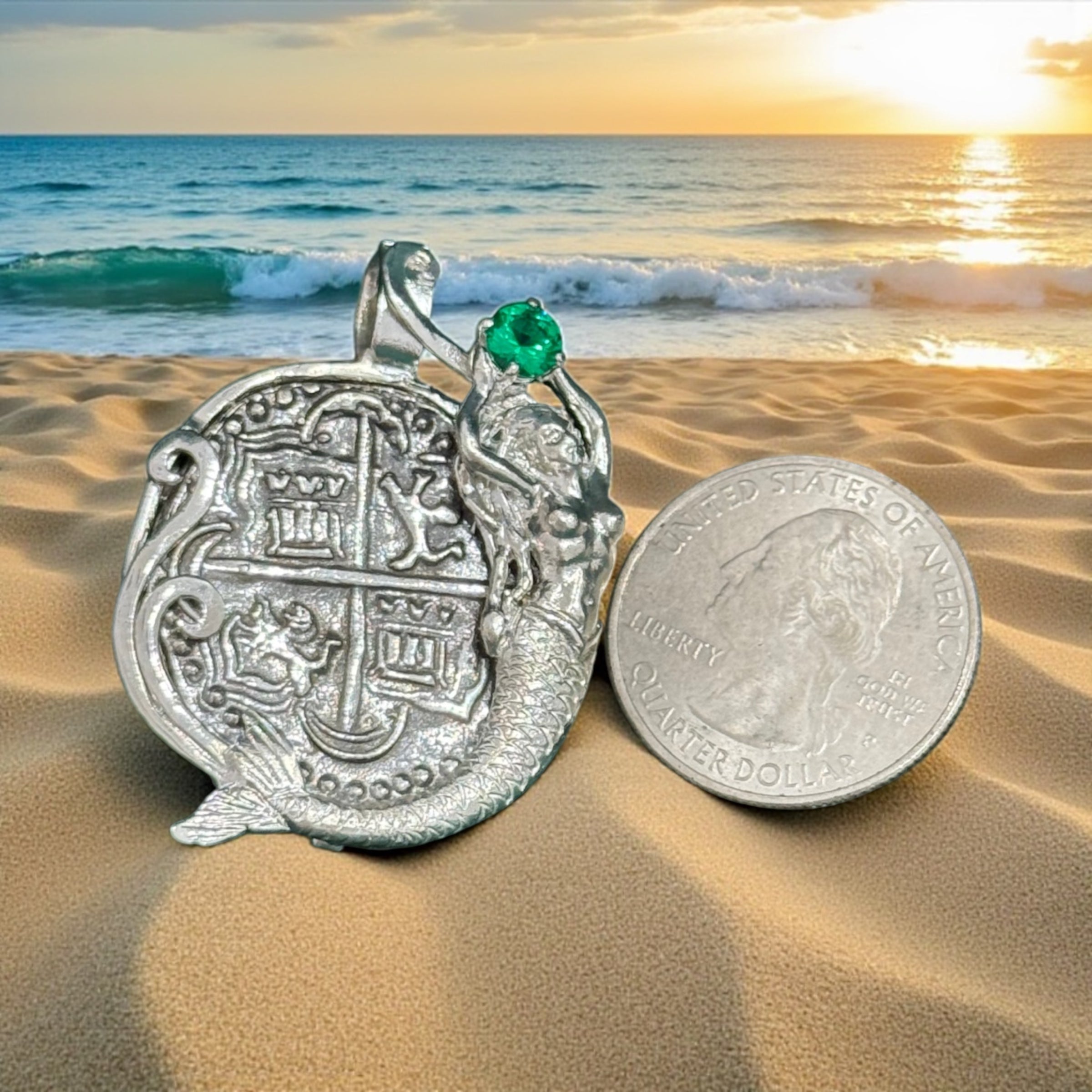 Atocha shipwreck silver coin pendant in mermaid bezel holding emerald