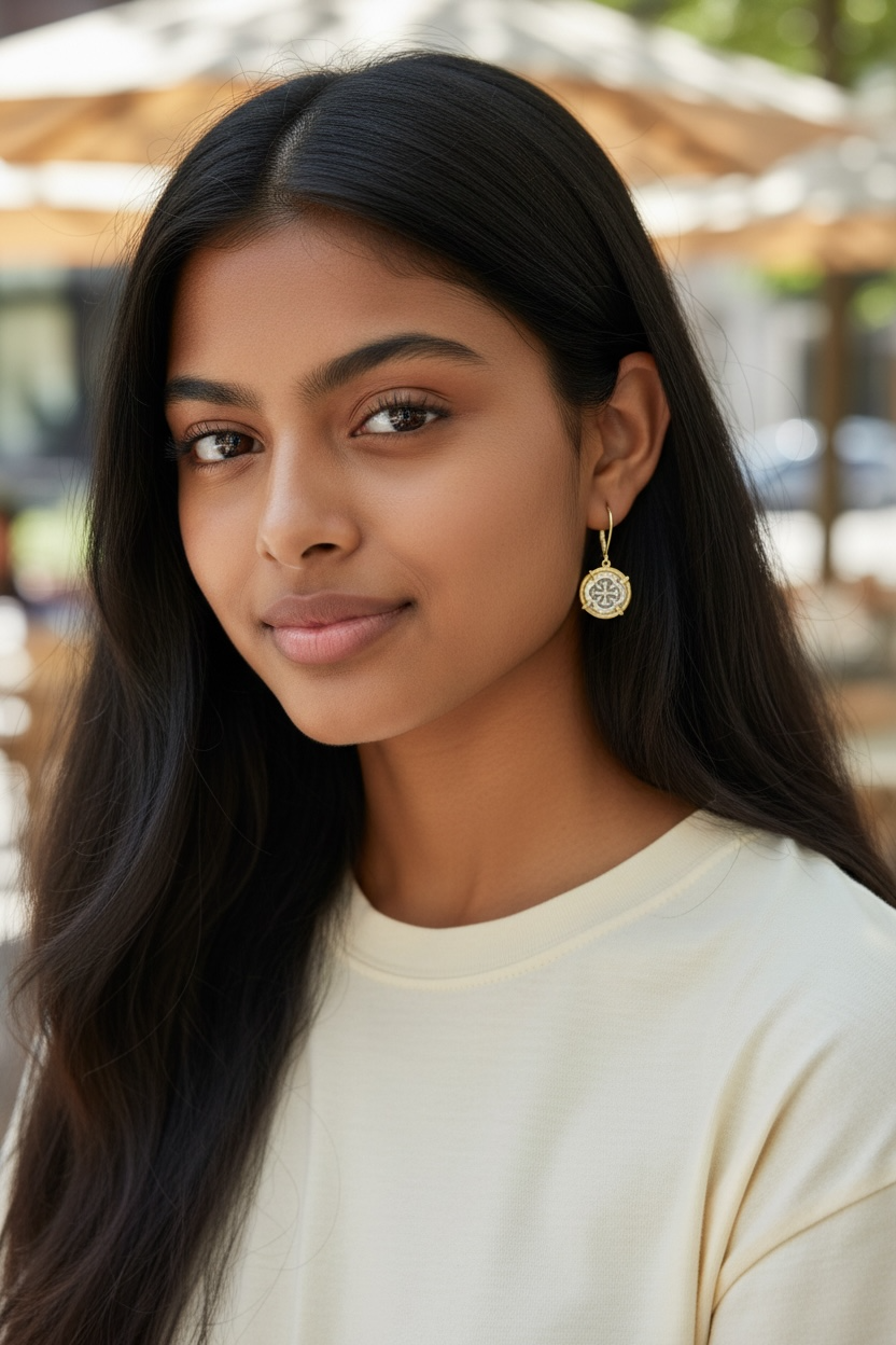 ATOCHA MINI SILVER COIN DANGLE EARRINGS IN 14k GOLD BEZEL 12MM