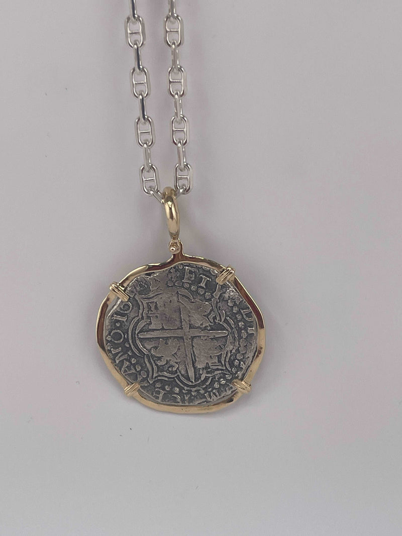 NUESTRA SENORA DE ATOCHA SOLID LARGE SIZE SILVER COIN PENDANT IN 14KT SOLID GOLD BEZEL