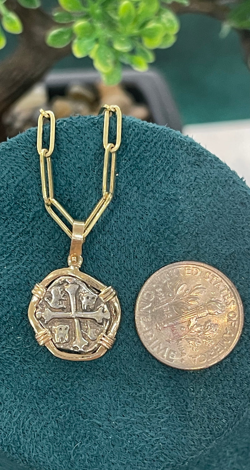 BEAUTIFUL HANDMADE RECREATION OF ATOCHA MINI SILVER COIN PENDANT IN 14KT REAL GOLD GOLD BEZEL