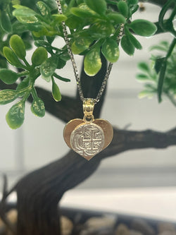 NUESTRA SENORA DE ATOCHA MINI SILVER COIN PENDANT IN 10K REAL GOLD HEART ❤️