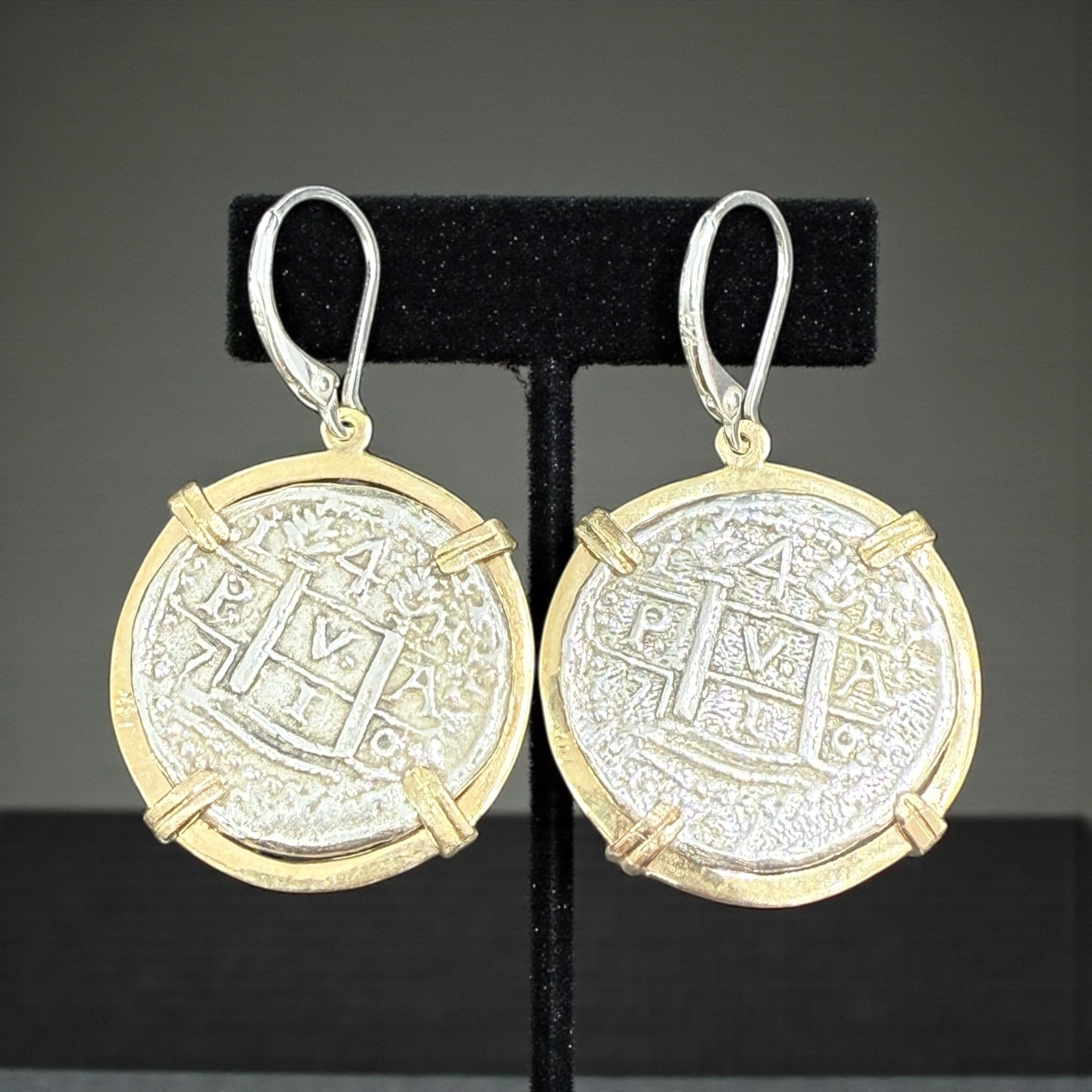 Atocha Silver COCKTAIL dangle Coin Earrings 25mm in 14k real gold bezel