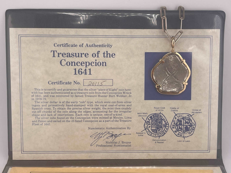 TREASURE OF THE CONCEPCION 1641 COIN “PIECE OF EIGHT”BEZELED IN 14K SOLID GOLD WITH CERTIFICATE OF AUTHENTICITY