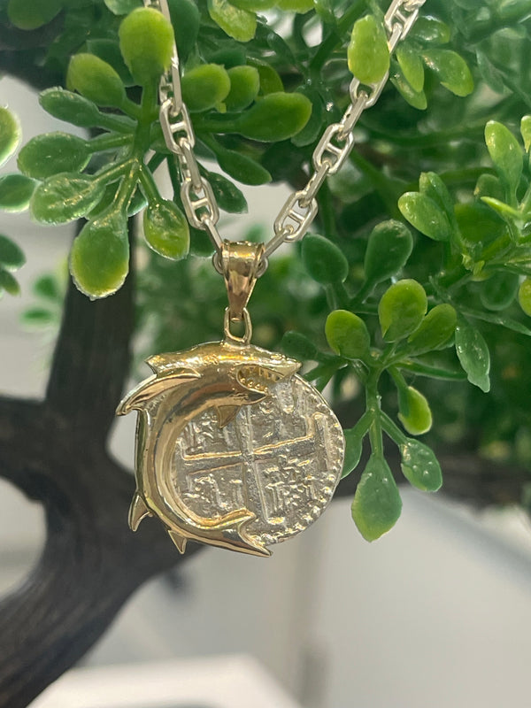 NUESTRA SENORA DE ATOCHA SILVER COIN PENDANT IN 10K REAL GOLD FISH