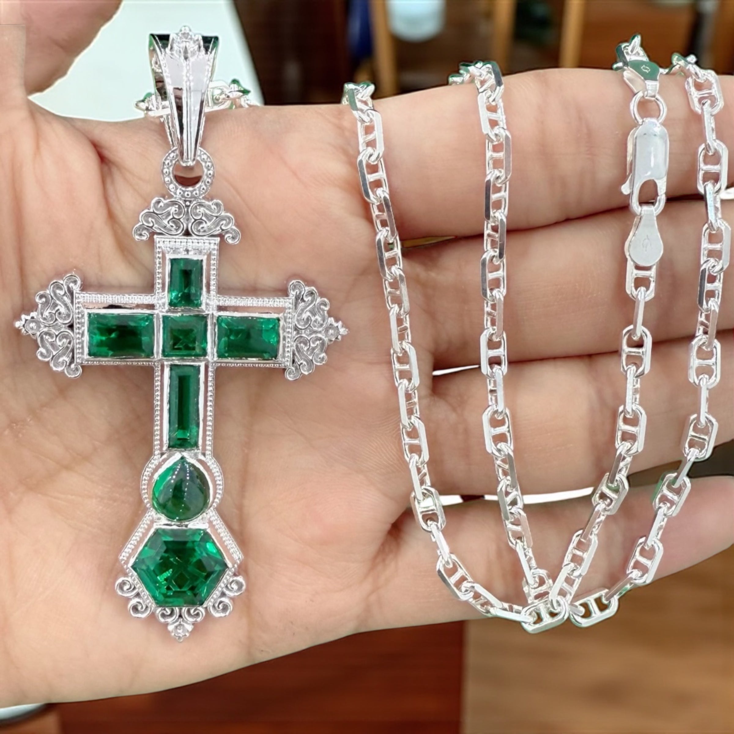 925 Sterling Silver Atocha cross emerald pendant