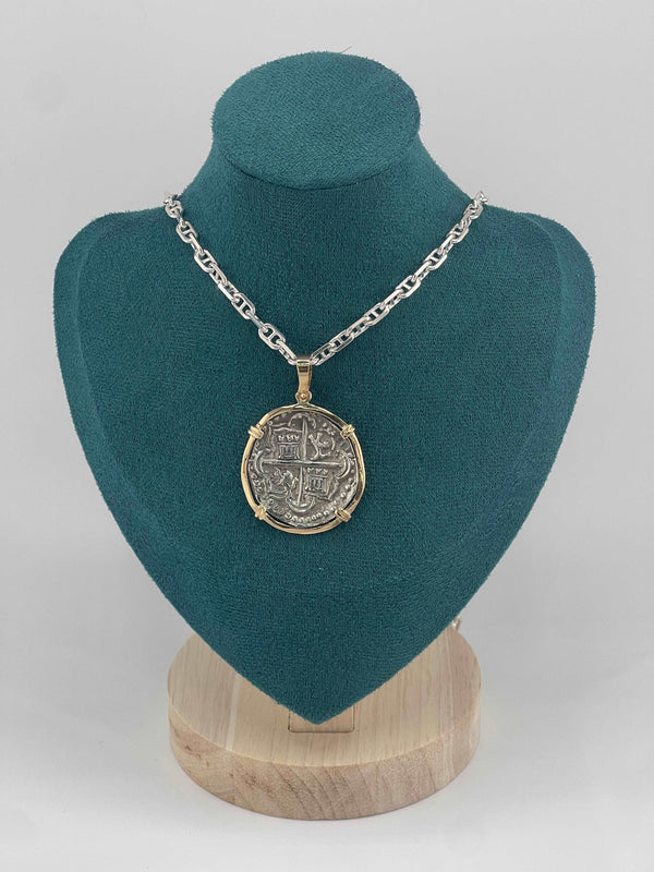 NUESTRA SENORA DE ATOCHA SOLID SILVER COIN PENDANT IN 14KT SOLID GOLD BEZEL