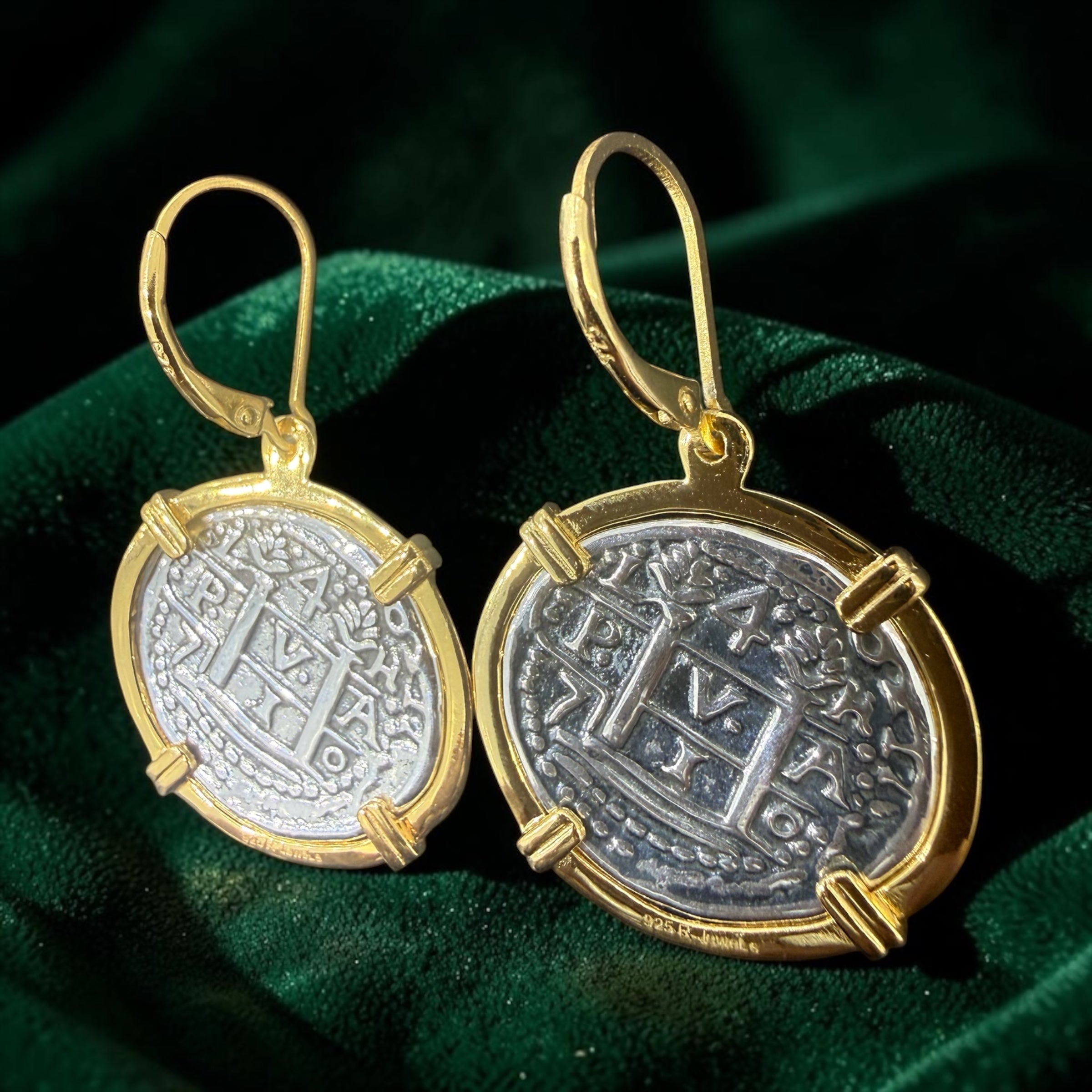 925 sterling silver recreation of Atocha coin earrings in beautiful 14k gold plating