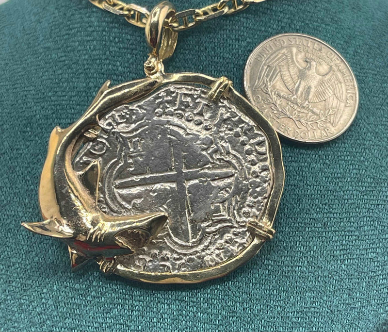 NUESTRA SENORA DE ATOCHA SOLID LARGE SILVER COIN PENDANT IN 14KT SOLID GOLD FISH BEZEL