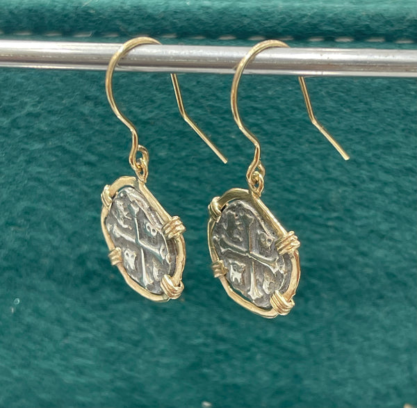 ATOCHA SILVER COIN HOOK DANGLE EARRINGS IN 14k GOLD BEZEL AND 14K GOLD HOOK