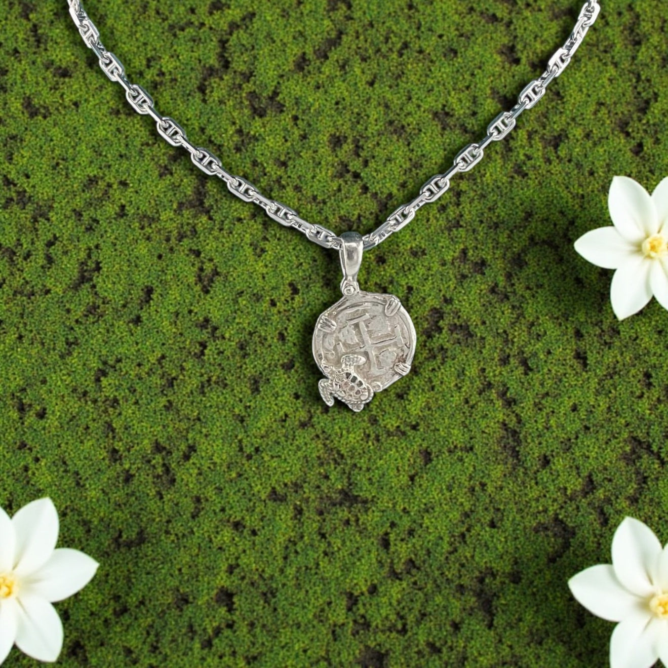 NUESTRA SENORA DE ATOCHA SOLID SILVER COIN PENDANT WITH TURTLE