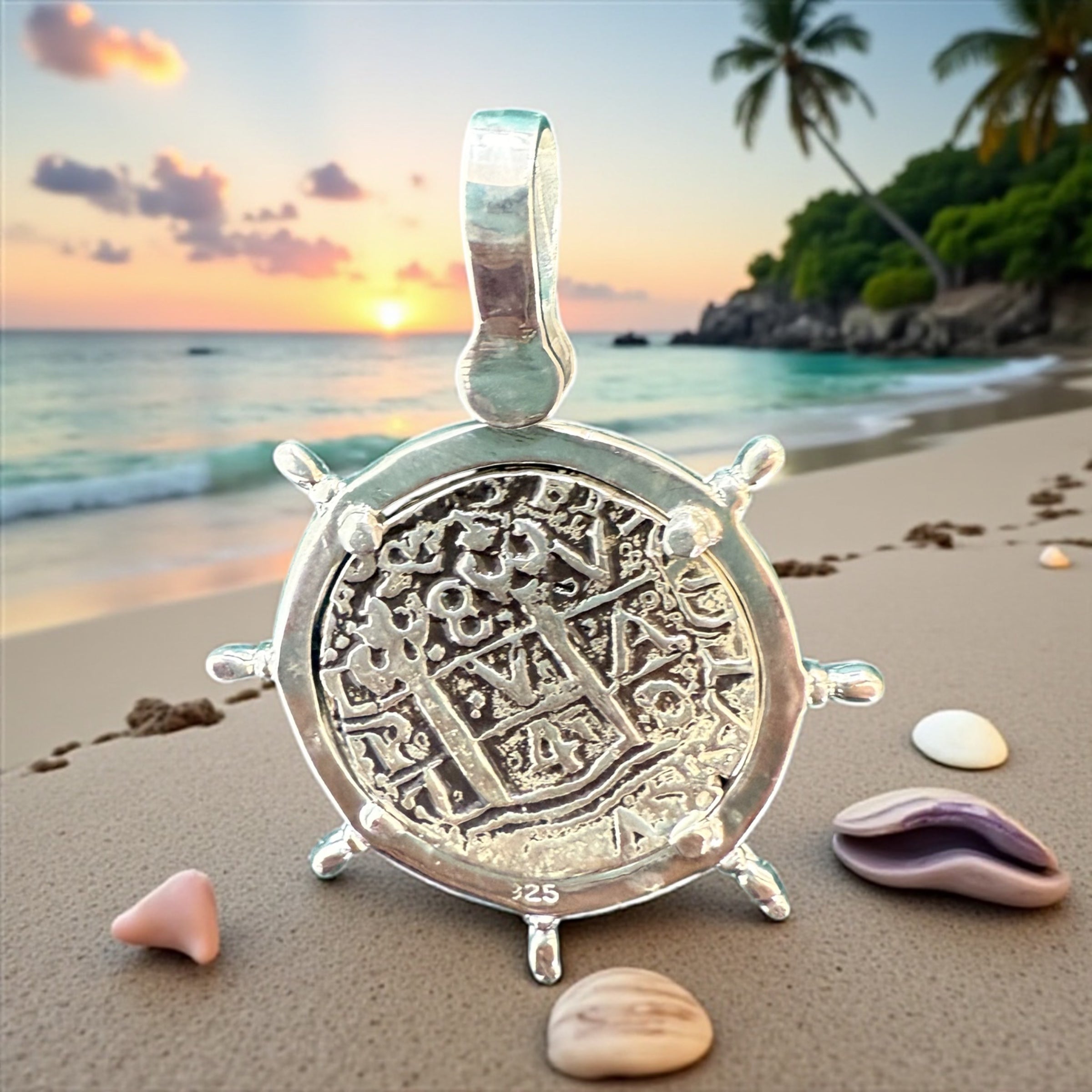 ATOCHA SOLID SILVER COIN PENDANT QUARTER SIZE IN SHIP’s WHEEL SETTING
