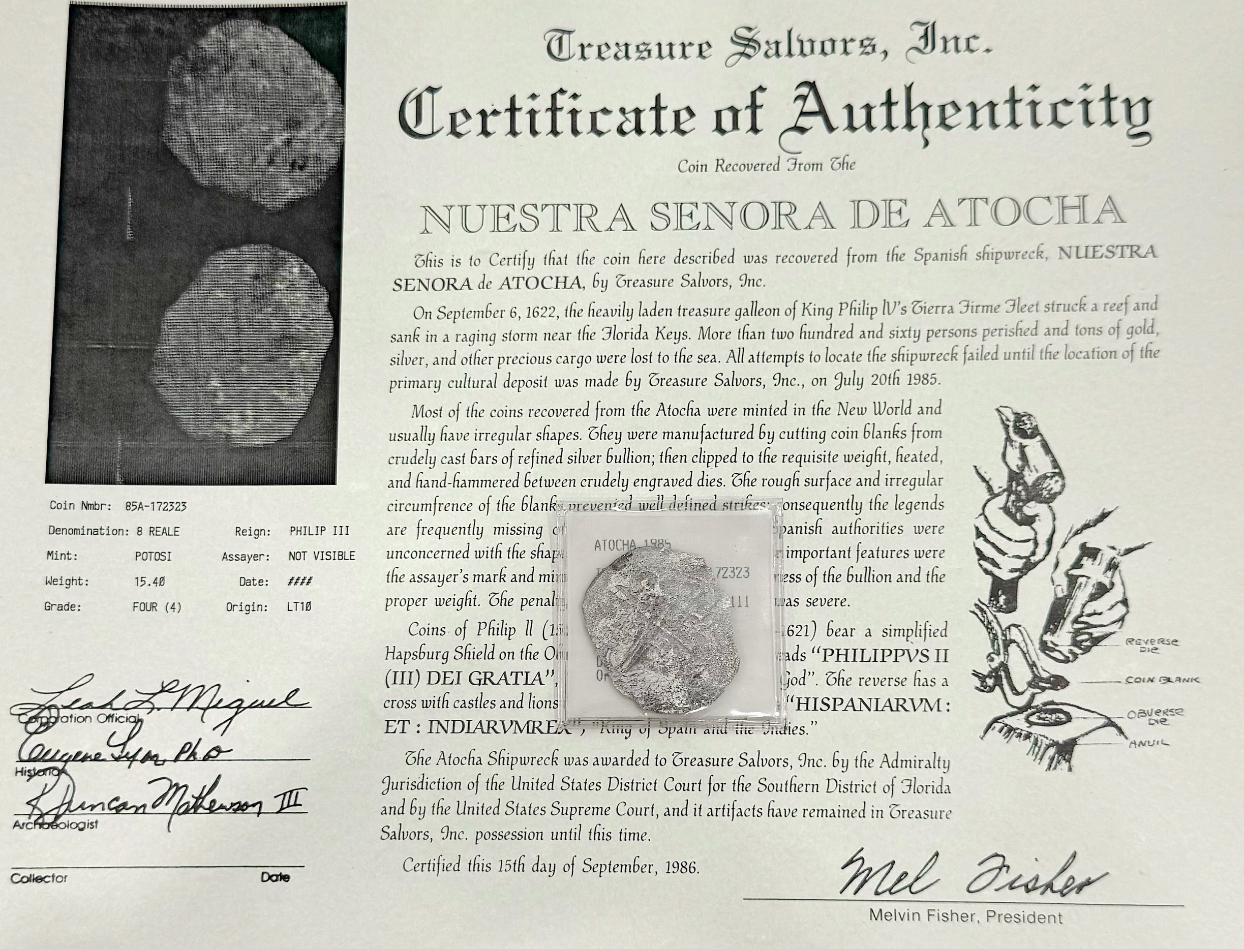 ACTUAL COIN NUESTRA SENORA DE ATOCHA SILVER COIN 8 REALE GRADE 4 SHIPWRECK COIN