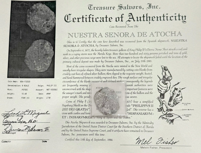 ACTUAL COIN NUESTRA SENORA DE ATOCHA SILVER COIN 8 REALE GRADE 4