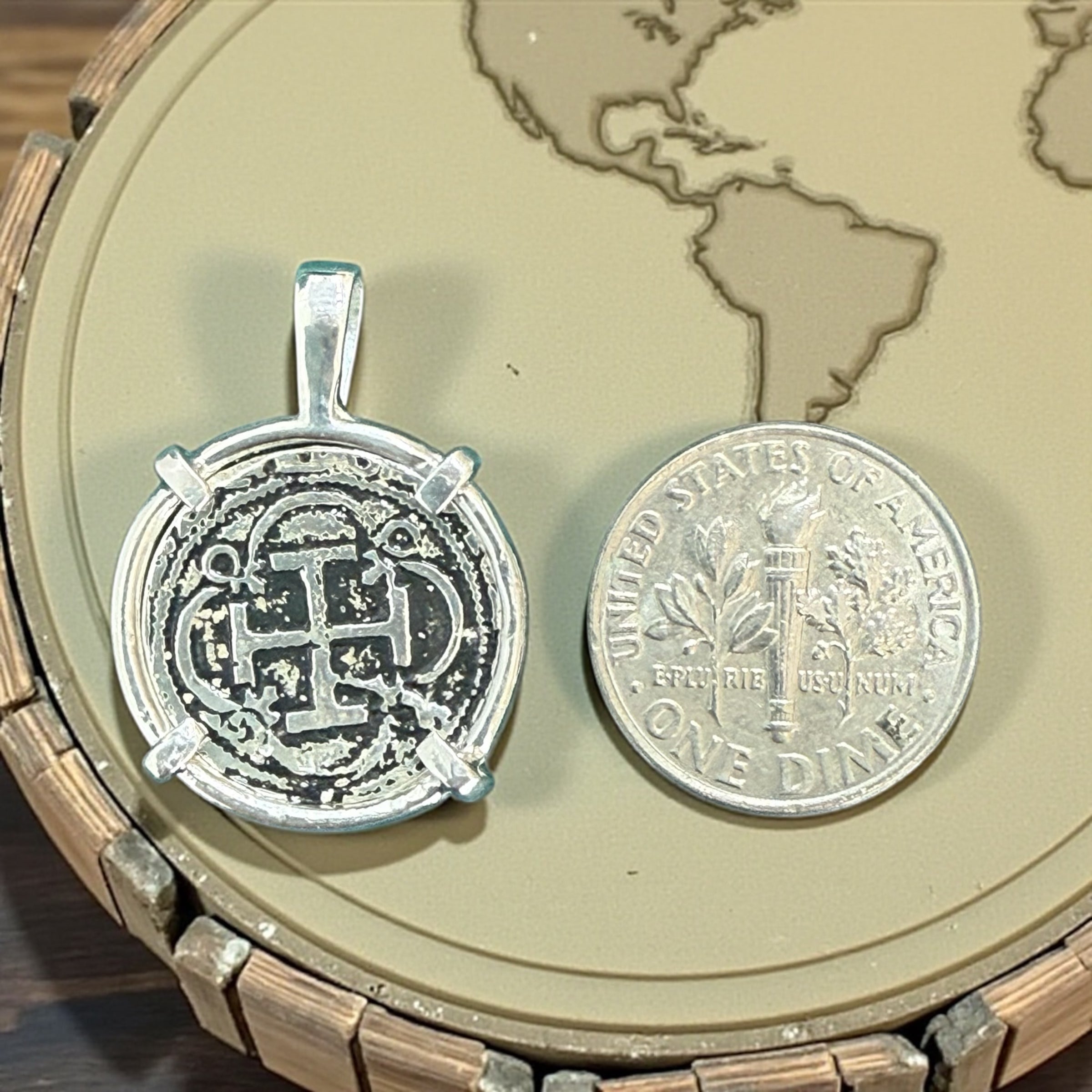 Atocha silver dime size coin pendant dime size