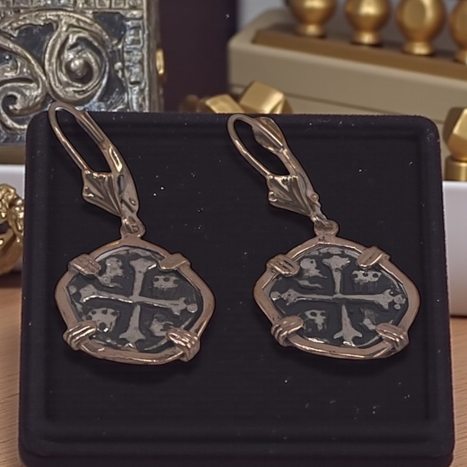 NUESTRA SENORA DE ATOCHA MINI SILVER COIN EARRINGS IN 14k GOLD BEZEL